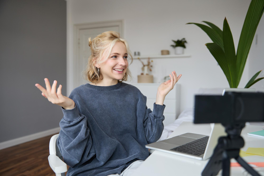 Smiling woman with hands raised talking to her laptop on a video call