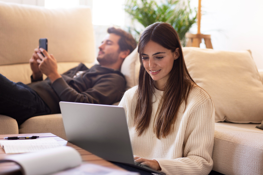 Smiling woman using a laptop on the floor while a man relaxes on the couch behind her